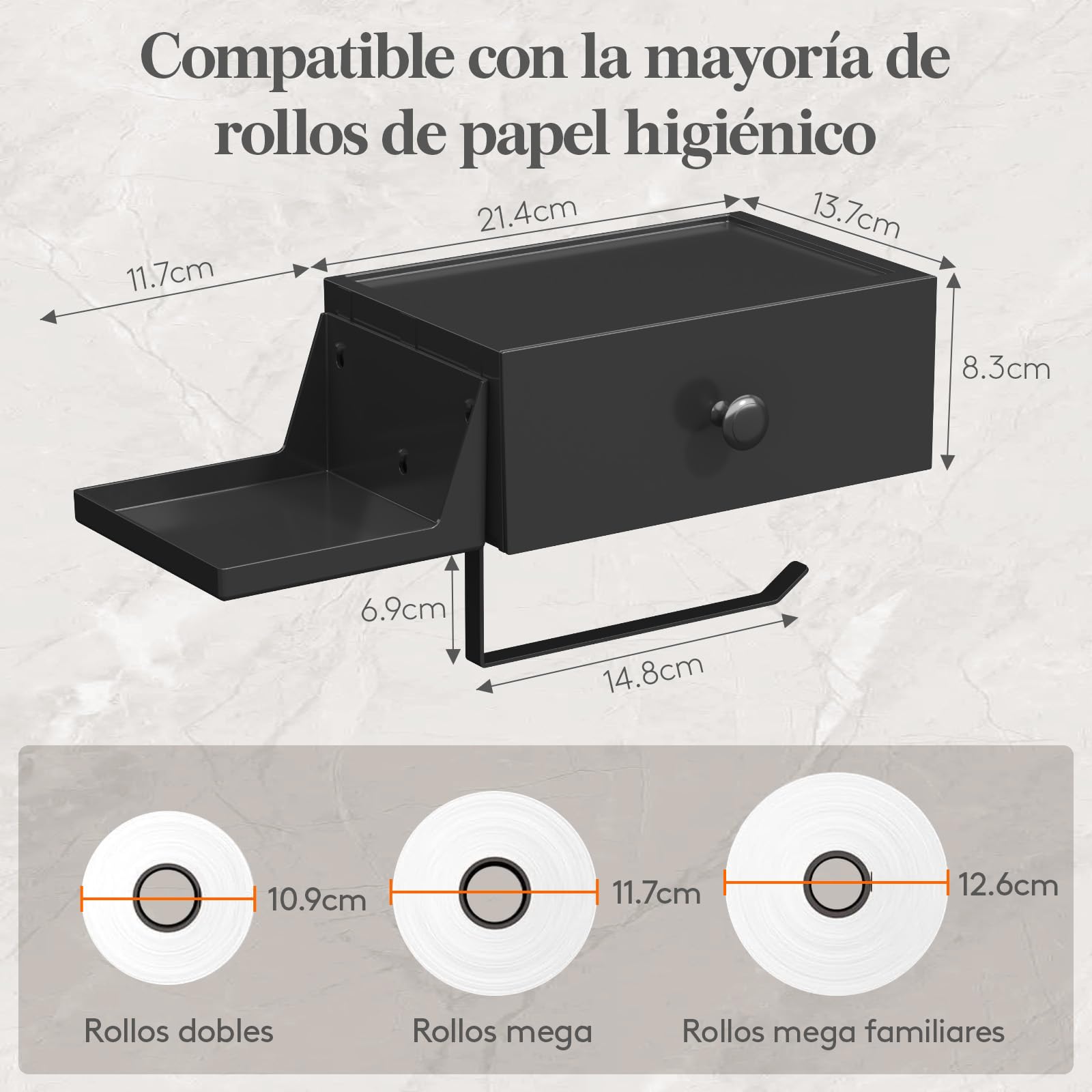 Lifewit Plástico Portarrollos con Estante y Cajón de Pared Atornillado o Adhesivo, Caja Dispensadora de Toallitas Húmedas para Baño, Resistente al Polvo y Apta para el Inodoro, Negro, 1 Paquete