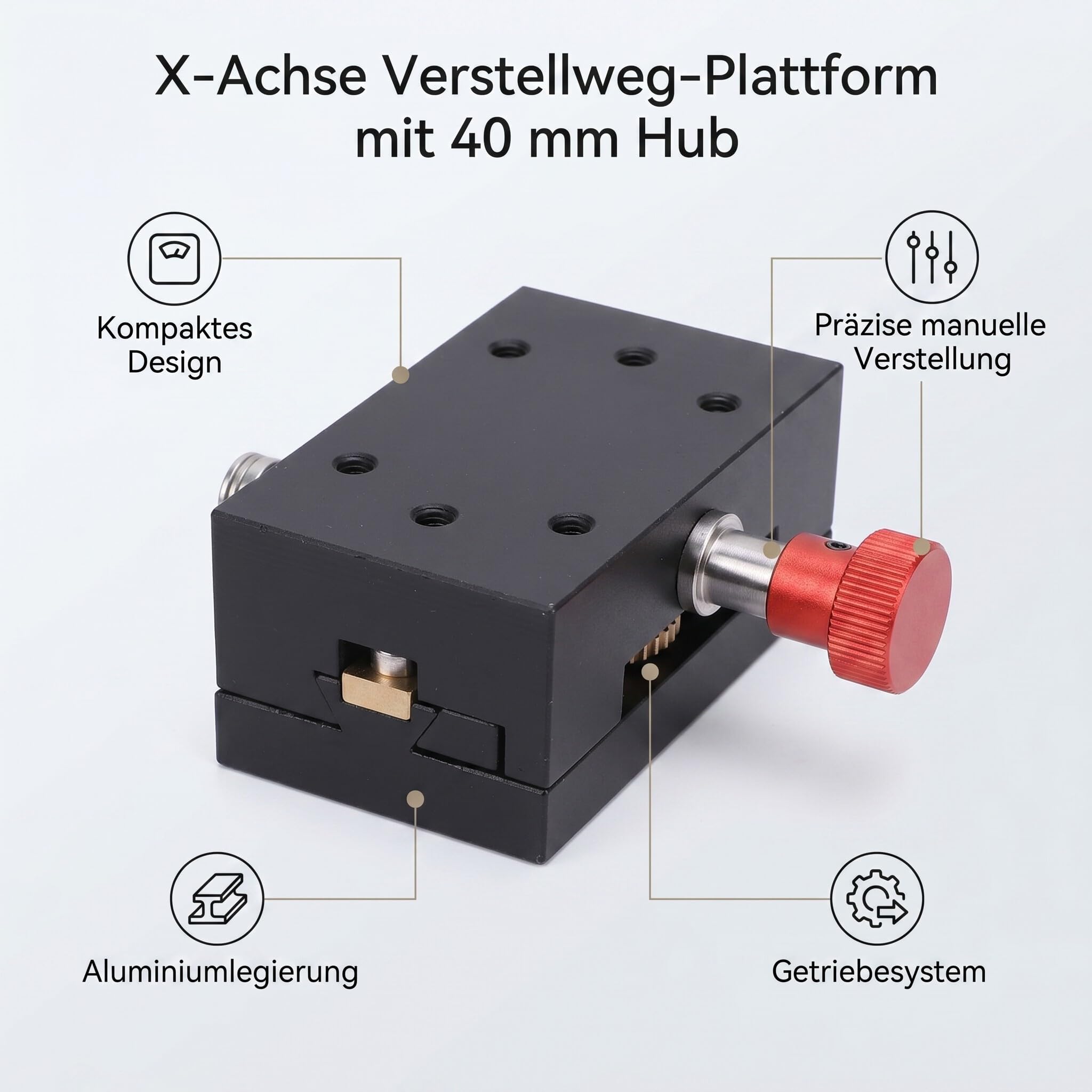 X-Achsen-Verschiebungsplattform, 40 Mm Verfahrweg, Zahnstange und Ritzel, Manuelle Feineinstellung, Schwalbenschwanzführungen