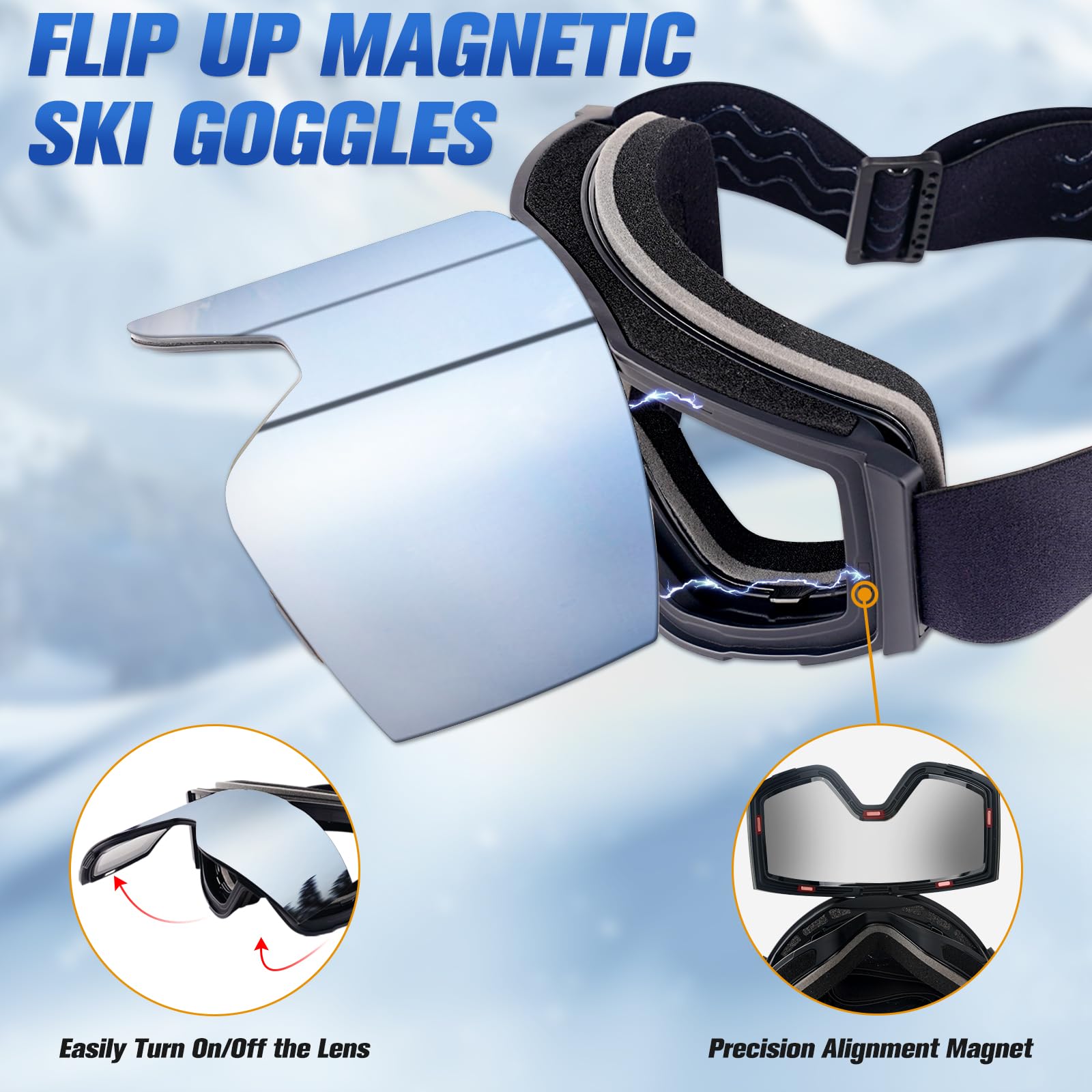 GGBuy Ski Goggles Frameless Flip Up Snow Goggles for Men and Women, Anti-Fog UV Snowboard Goggles, Youth and Adult Ski Goggles (grey)