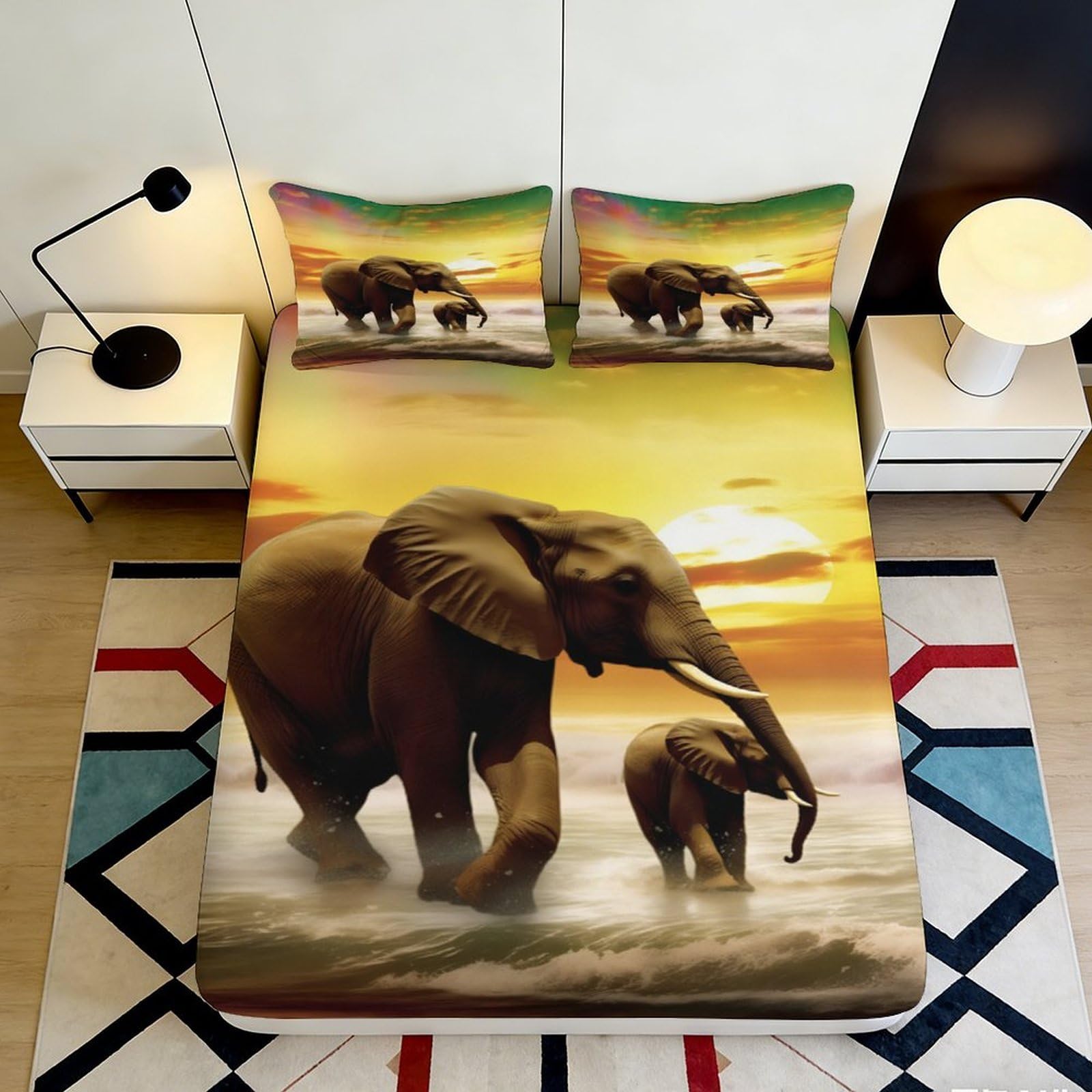 3D Printed Elephant Sunset Fitted Sheet Microfiber Soft Anti-Slip African Wildlife Bed Cover for Bedroom Decor 90x200x25cm