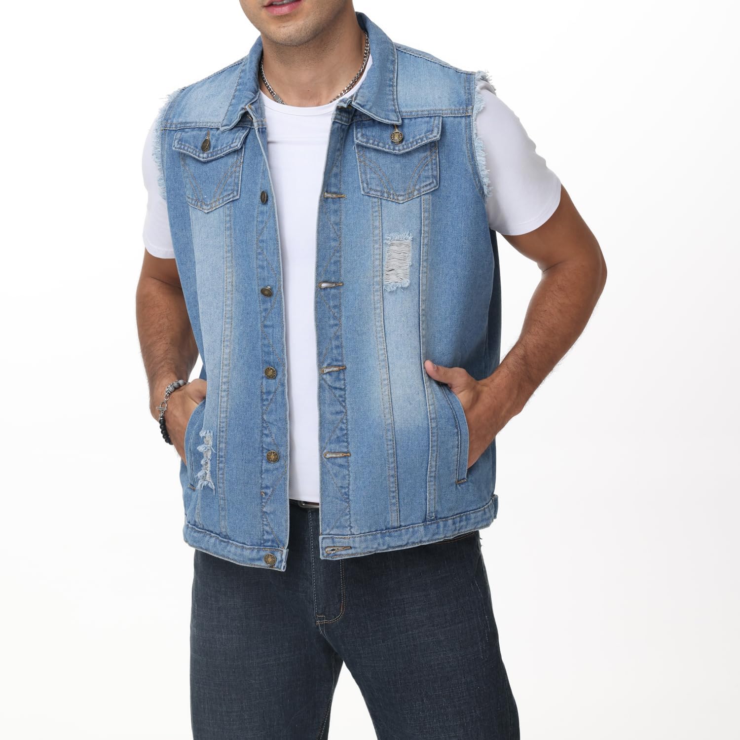 NASKY Men's Fit Retro Ripped Denim Vest Sleeveless Jean Vest and Jacket - Image 2