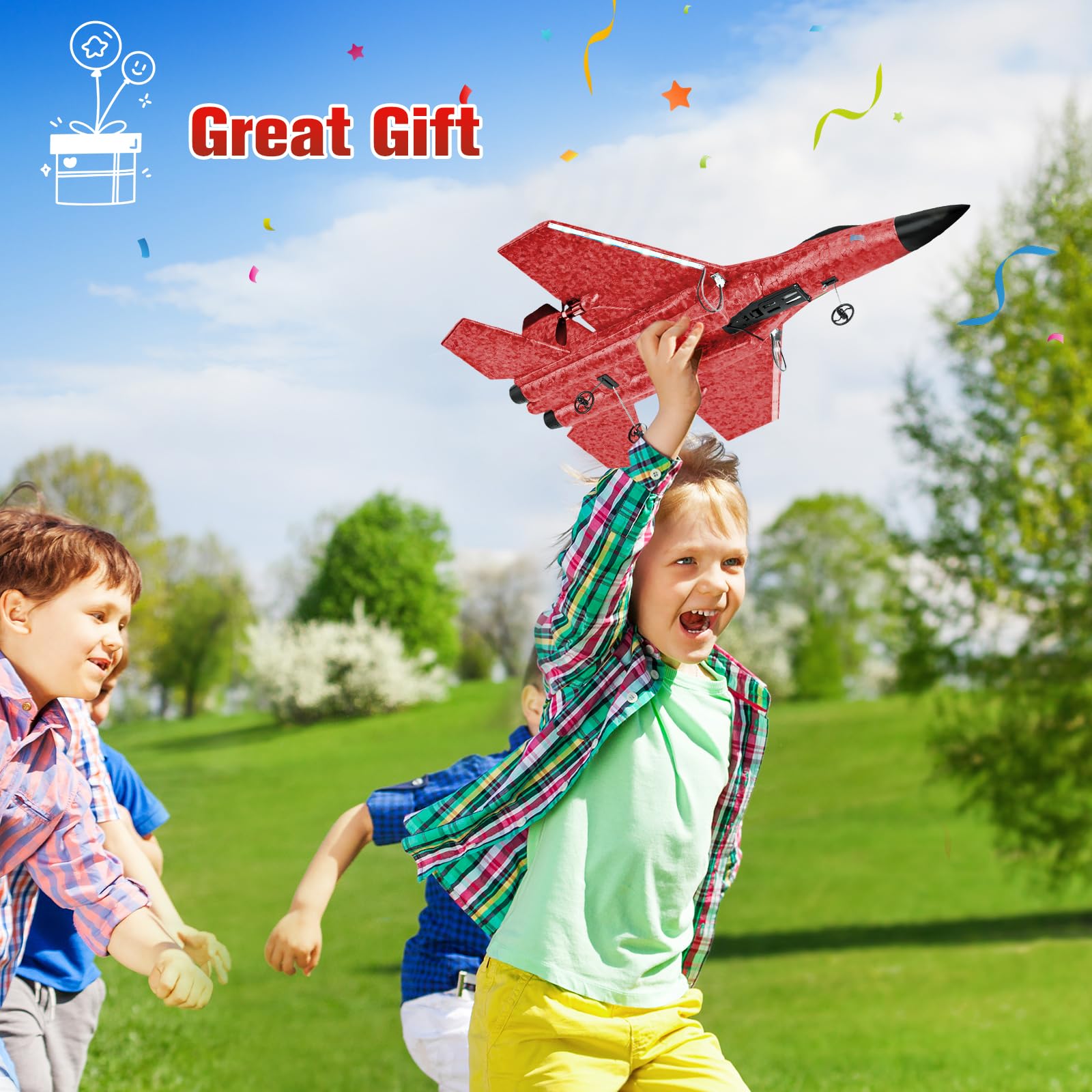 Avion RC 2,4 GHz Télécommandé avec Gyro 3 Axes, Avion de Combat en Mousse 2 Canaux, 2 Batteries LED, Rouge