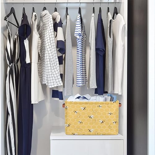 Miniatura 7 de TropicalLife Cestas de almacenamiento con patrón de abejas amarillas, paquete de 2 contenedores de almacenamiento con asas de cuero, panales de