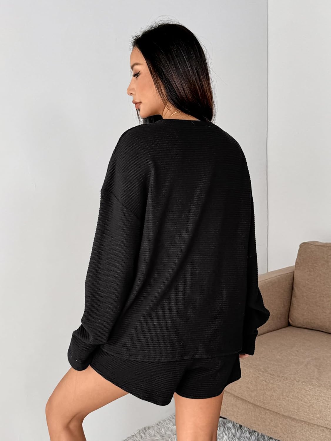 Womens Waffle Knit Pajama Sets Long Sleeve Top and Shorts Matching Lounge Set Loungewear Sweatsuit - Image 3