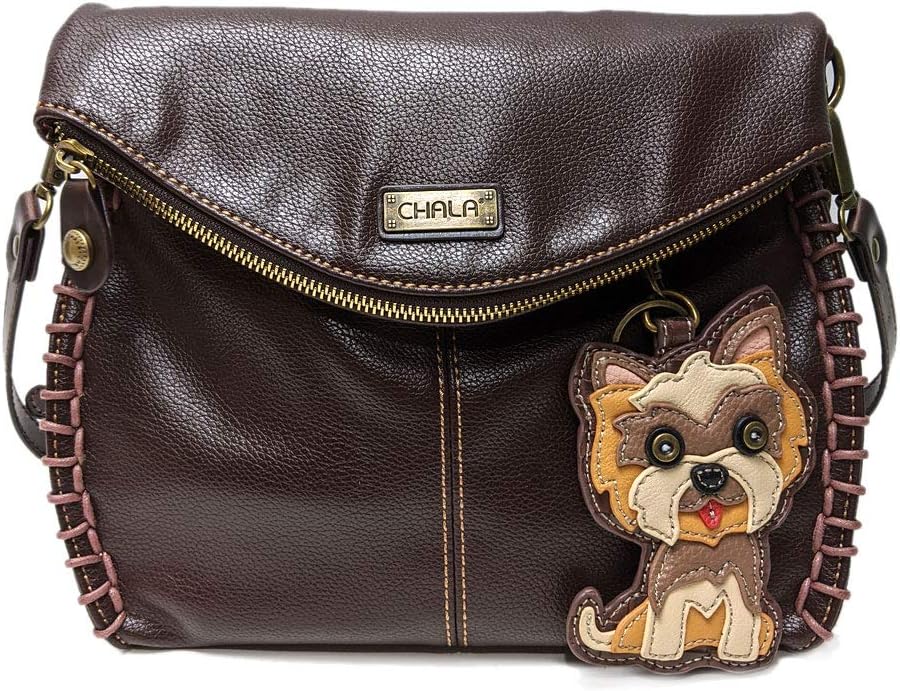 CHALA Charming Crossbody Bag Shoulder Handbag With Flap Top and Zipper Dark Brown (Leather Yorkie)