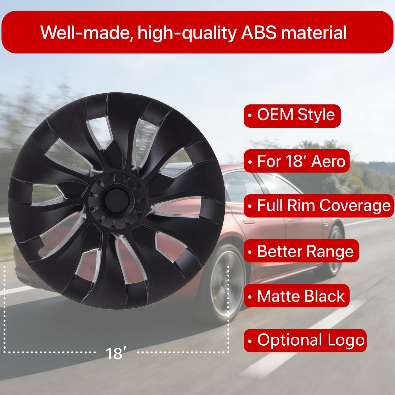 KAVANIC Tesla Model 3 Copriruota da 18 Pollici Nero Opaco Supporto Logo Miglioramento Gamma (4 Pezzi) Uberturbine Stile 2017-2023 Model 3 Aero Copricerchi