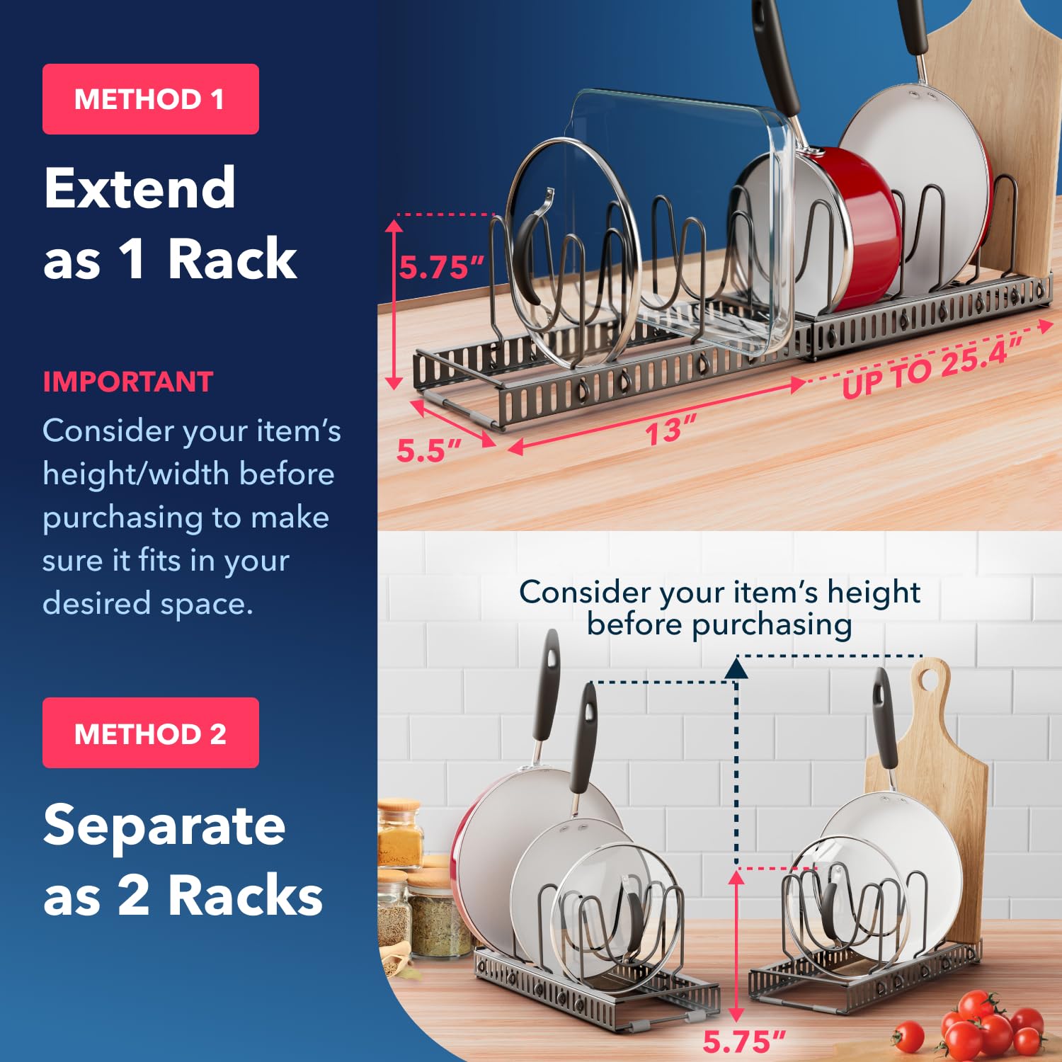 betterthingshome Más de 9 tapas, soporte de tapa expandible: total de 10 compartimentos ajustables, almacena más de 9 tapas, se puede extender a 56,5 cm de soporte de tapa expandible (10 divisores),