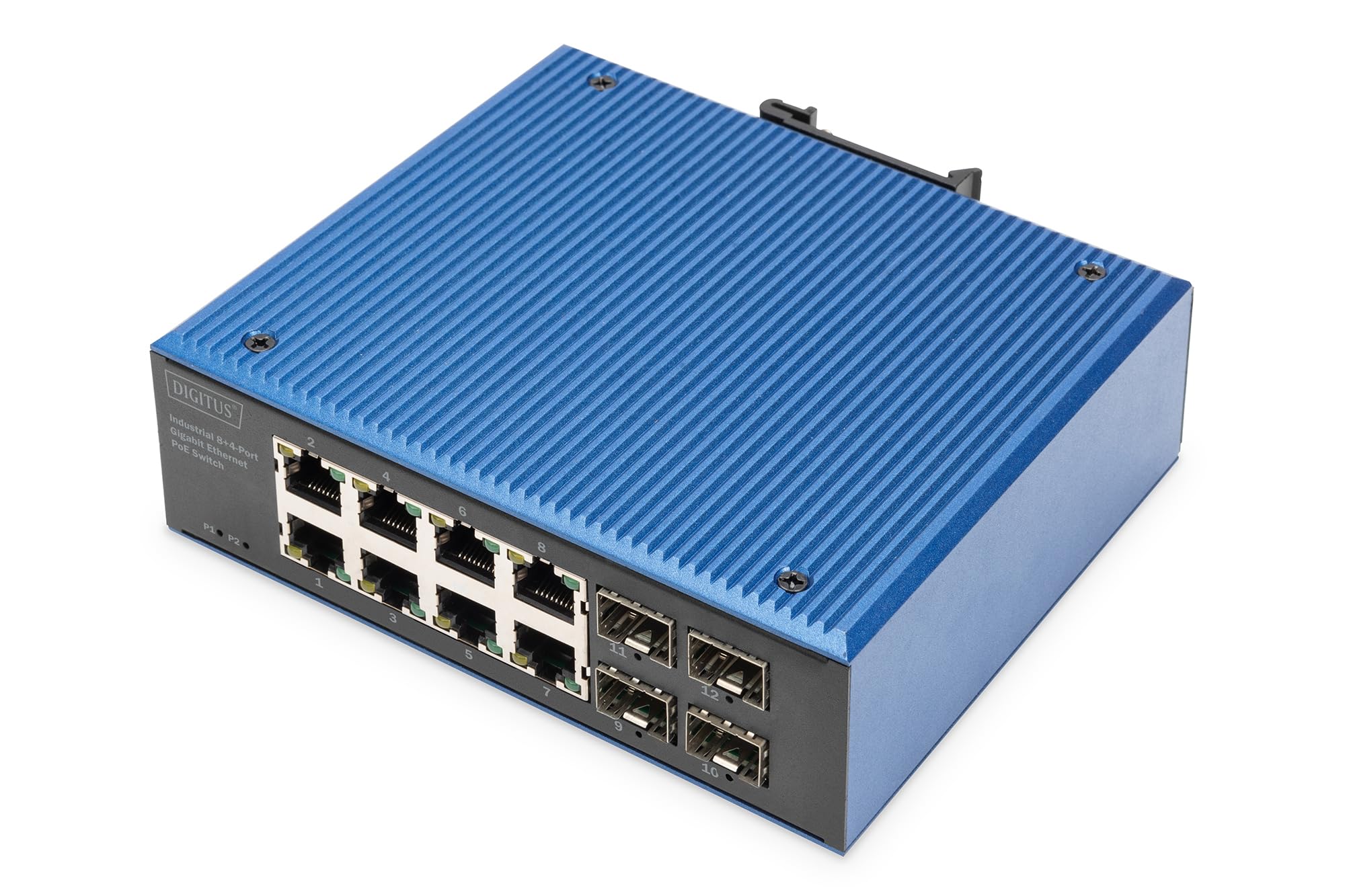 DIGITUS Conmutador de Red PoE - 12 Puertos Gigabit Ethernet - 8X RJ45 + 4X SFP - IP40-​10/​100/​1000 Mbit/​s - Montaje en Carril DIN - Serie Industrial - Negro/​Azul