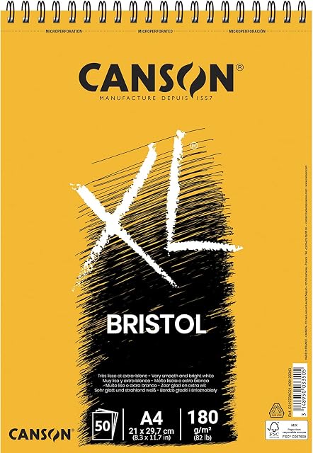 CANSON XL Bristol 180gsm A4 Paper, Very Smooth, Spiral Pad Short Side, 50 Extra White Sheets, Ideal for Professional Artists & Illustrators