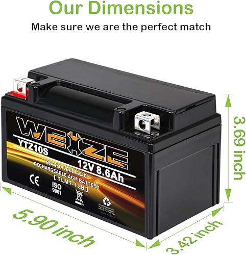 Miniatura 2 de Weize YTZ10S-BS - Batería de motocicleta AGM sellada de alto rendimiento, sin mantenimiento, compatible con Yamaha Honda