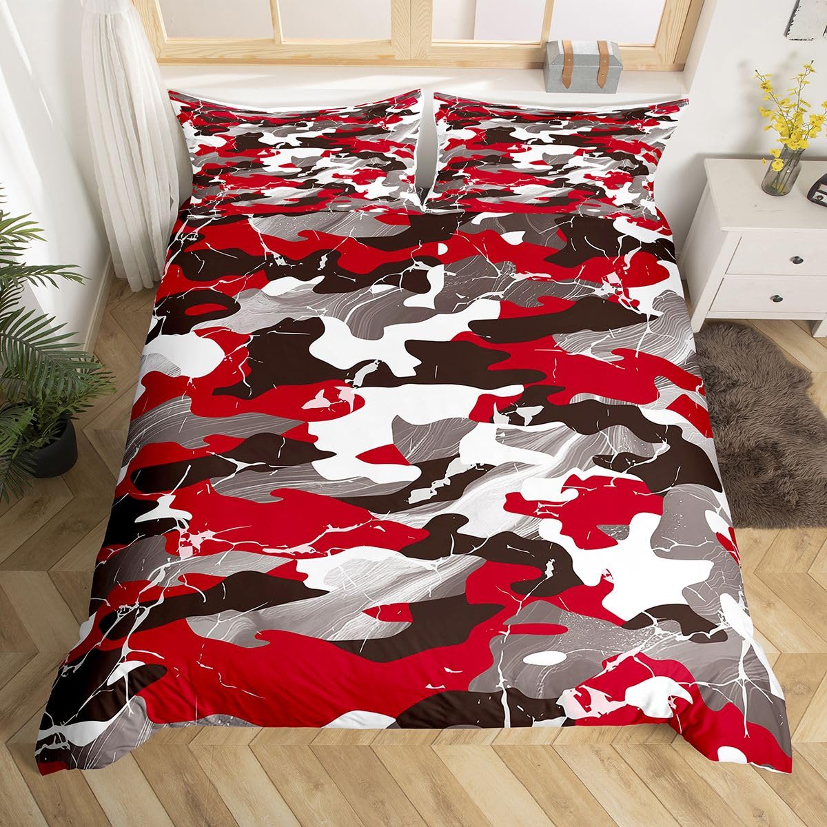 Parure de lit 3 pièces respirante pour lit double motif camouflage rouge noir et gris