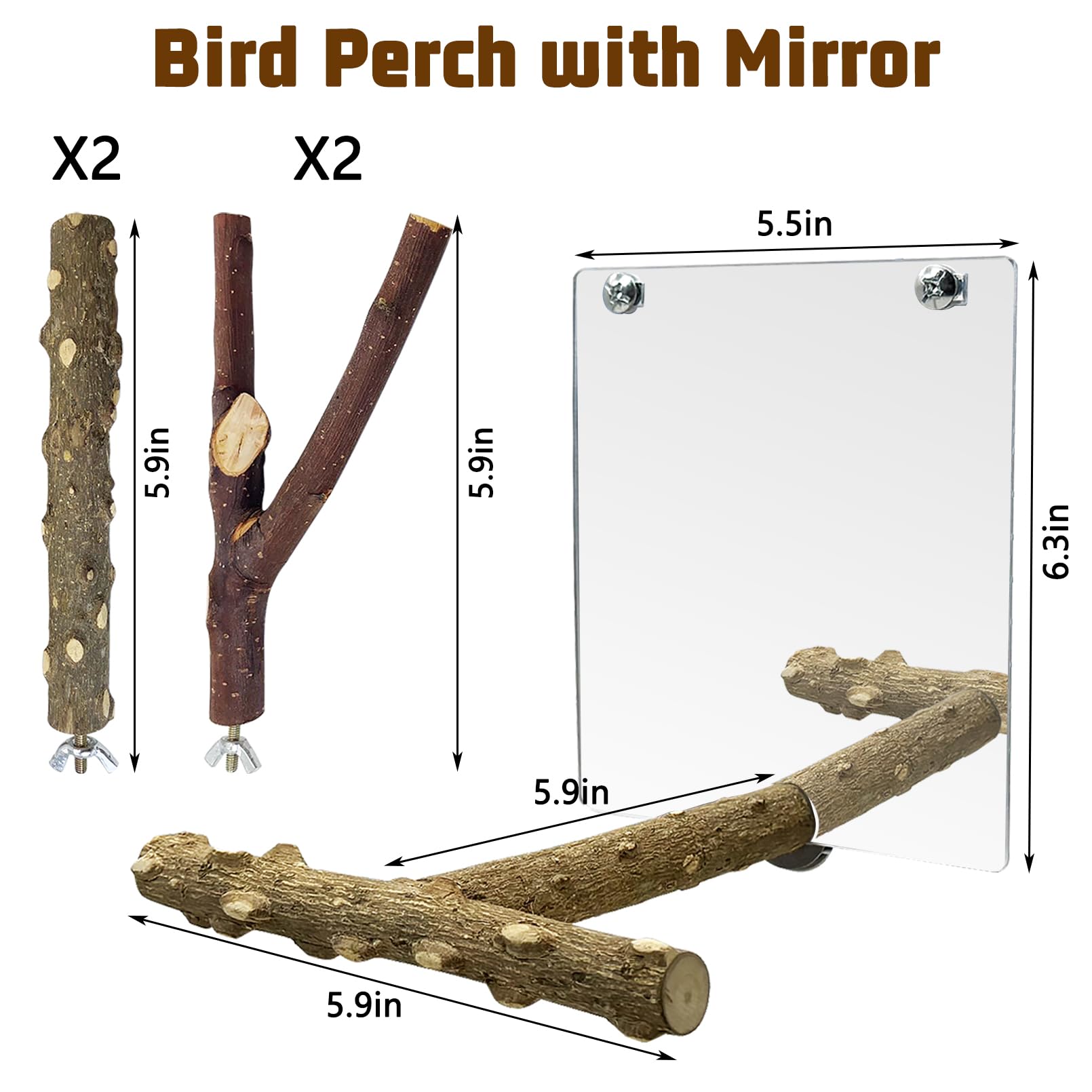 BNOSDM 5PCS Bird Perches Stand with Mirror Parrot Natural Wood Stick Perches Forked Perch Branch Parakeet Toy Set Bird Cage Accessories for Budgie Cockatiel Conure Finch Lovebird - image 2