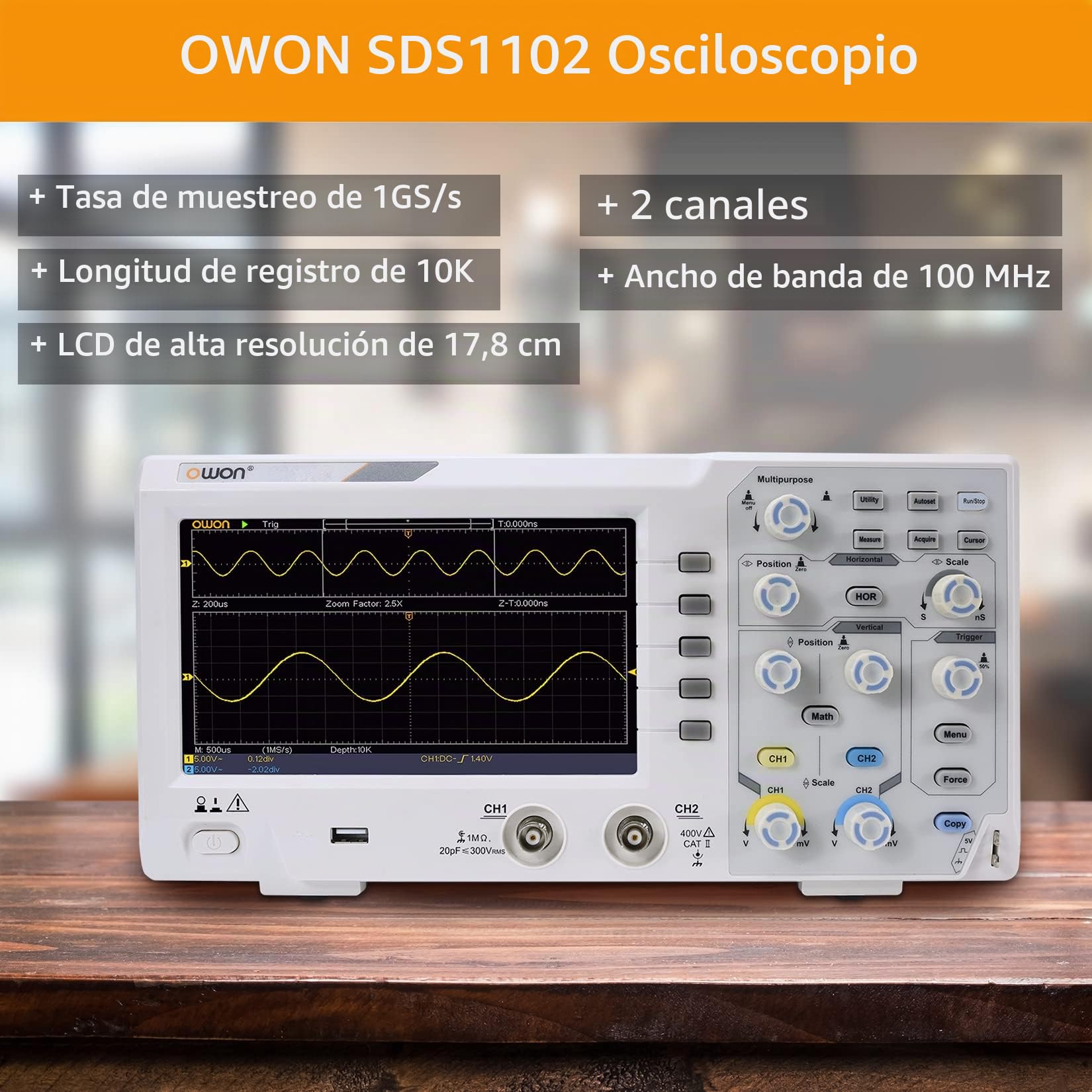 OWON SDS1102 Osciloscopio de almacenamiento digital con 2 canales, frecuencia de muestreo de 1GS/s, LCD de alta resolución de 7 pulgadas, ancho de banda de 100MHZ, kit de osciloscopio
