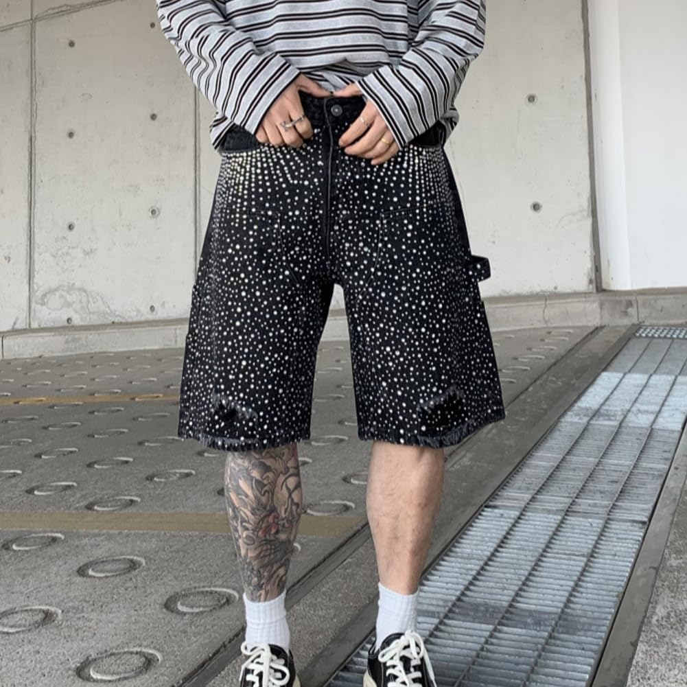 Men's Loose Fit Jean Shorts Straight Leg Casual Rhinestones Denim Shorts - Image 2