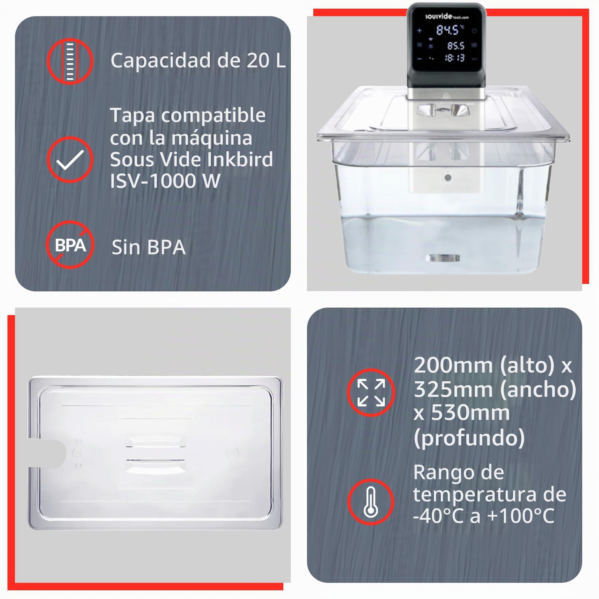 Sous Vide Tools Recipiente de policarbonato de 20 litros, tapa cortada a medida para la olla Anova de Sous Vide, sin BPA, antiadherente, apto para lavavajillas
