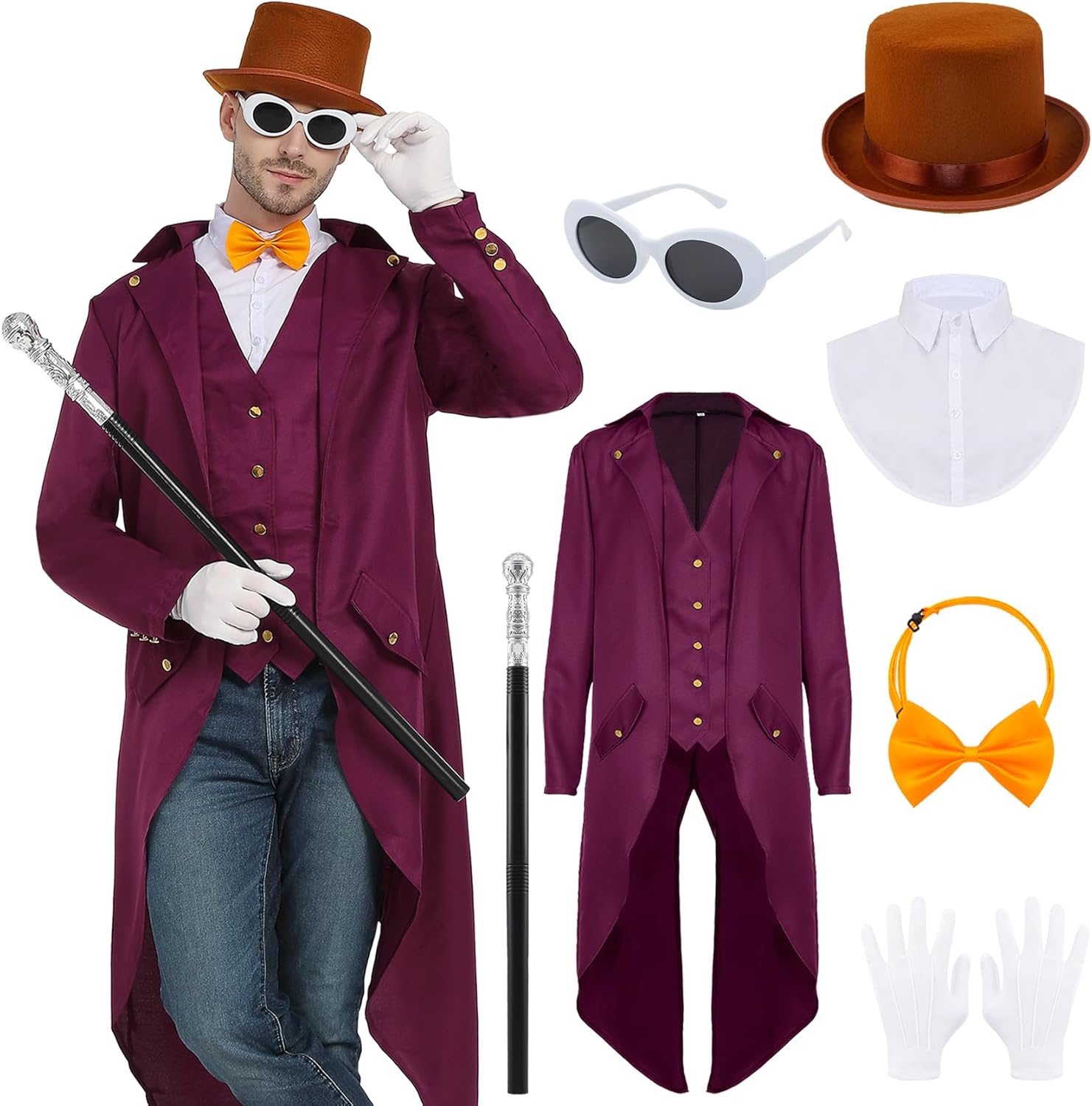 Purple Tailcoat Set with Top Hat Tie Glasses, Gloves for Halloween Party Costume