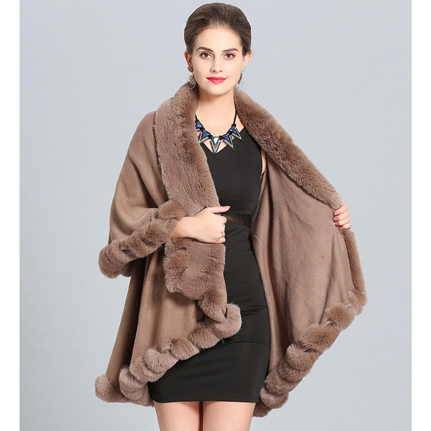Invierno de Punto Chal Poncho de Piel Sintética con Cuello de Plátano Suelta Doble Estola Cálida Sobredimensionada Suéter de la Capa para Las Mujeres de la Señora Mamá