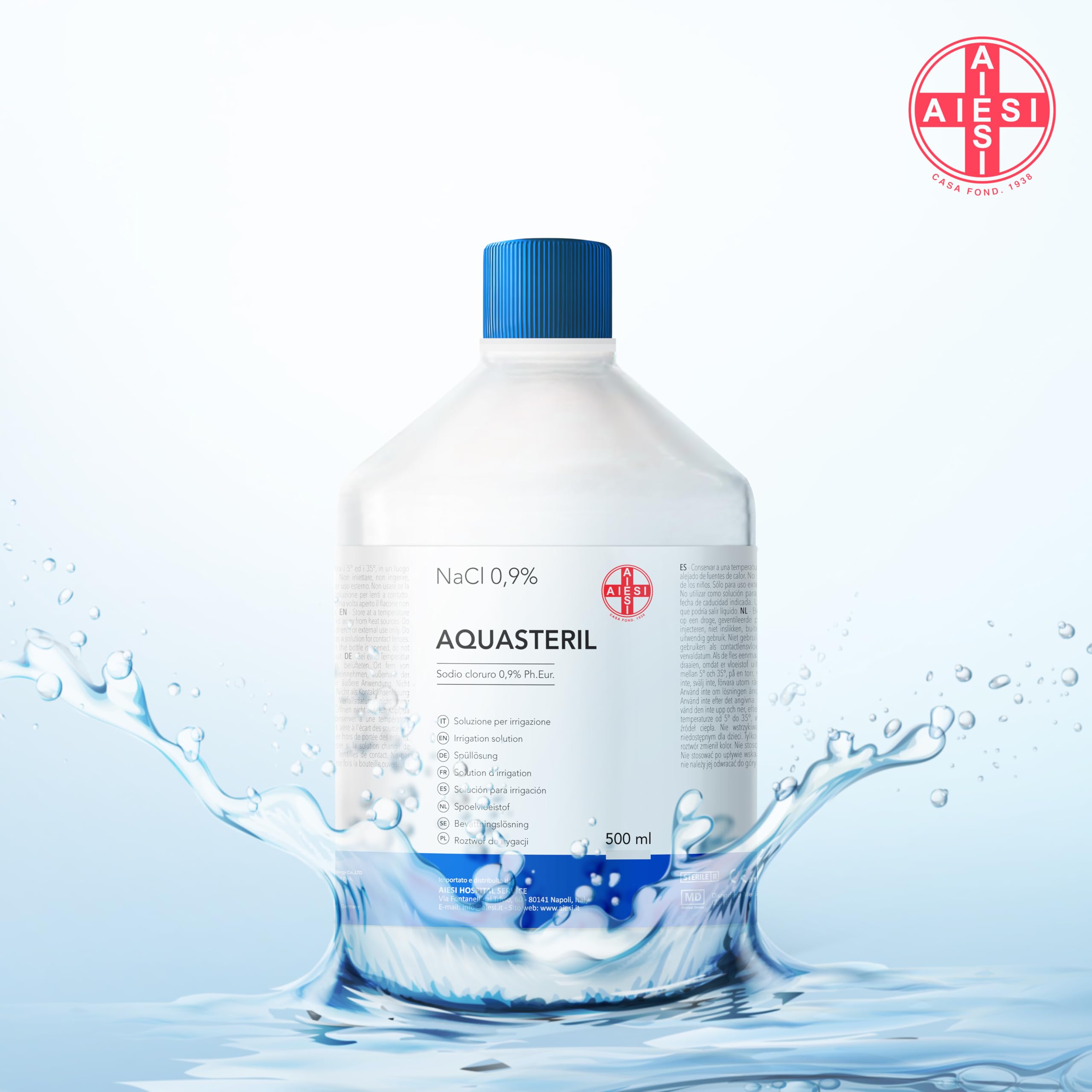 AIESI® Soluzione fisiologica salina (10x500 ml) per lavaggi nasali, aerosol e irrigazione con tappo richiudibile AQUASTERIL, Sodio cloruro 0,9% per cassetta pronto soccorso
