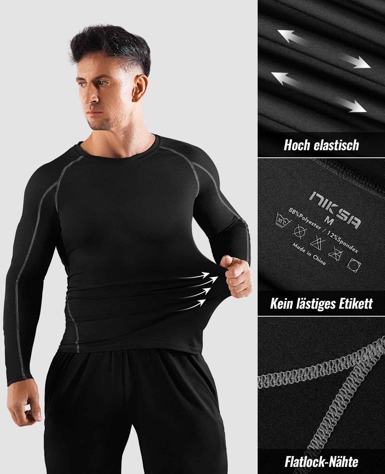 Niksa 2er Pack Herren Kompressionsshirt Funktionsshirt Langarm Sportshirt Fitnessshirt Männer Atmungsaktiv Laufshirt für Running Jogging Gym