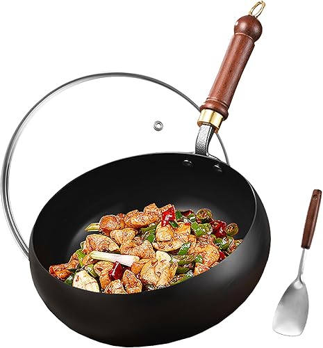 Wok de acero al carbono, woks de 11 pulgadas y sartenes para freír con tapa de vidrio, wok antiadherente de fondo plano, pequeño wok chino hecho a