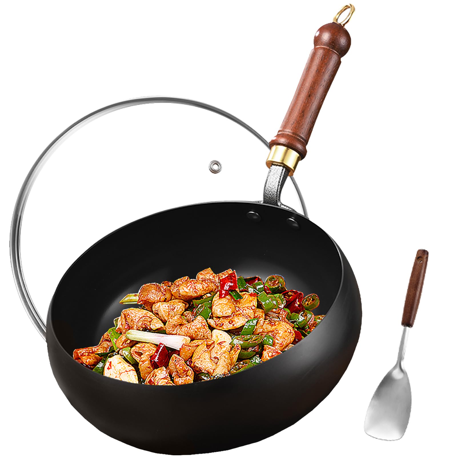 Carbon Steel Wok Pan, 11" Woks &amp; Stir-Fry Pans with Glass Lid Cookwares, Nonstick Wok Flat Bottom Small Handmade Chinese Wok For for All Stoves