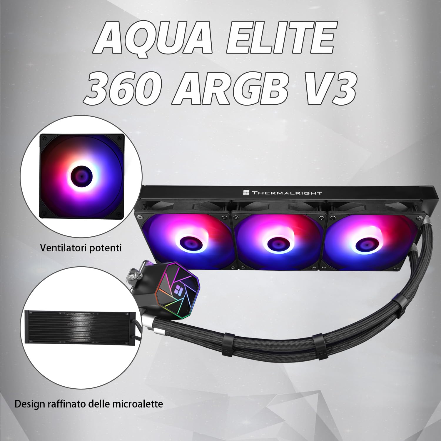TR AQUA ELITE 360 V3 3 Ventole ARGB PWM con cuscinetti S-FDB, pompa efficiente controllata da PWM, per AMD / AM4 / AM5 Intel LGA1150 / 1151/1200 / 2011/1700 (AE360 V3)
