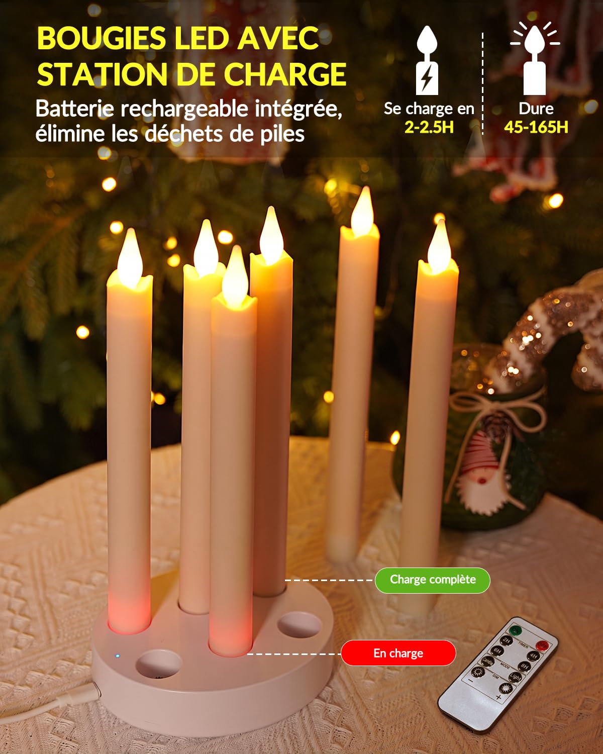Bougies LED Flamme Vacillante Rechargeable avec Base de Chargement, 6 Pièces Fausse Bougie Longue avec Télécommande et Fonction Minuterie pour Noël, Halloween, Décoration de Chambre, Mariage
