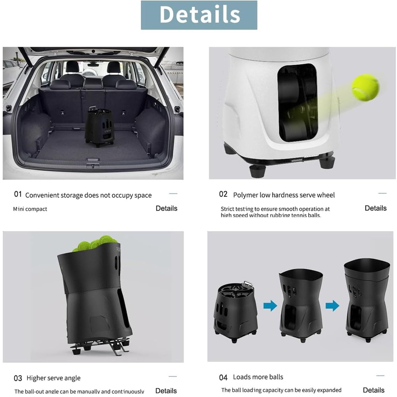 Máquina portátil de pelotas de tenis, herramienta de práctica individual con batería de 3-5 horas de duración, ángulo de servicio de 20-60°, múltiples modos, diseño que ahorra espacio