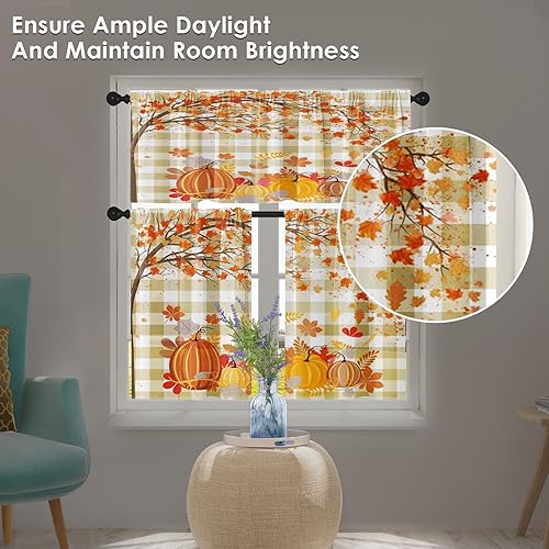 Miniatura 7 de Arttown Cortinas de cocina de otoño con diseño de calabaza, juego de cortinas de ventana y cenefas de 36 pulgadas, cortina de niveles cortos de