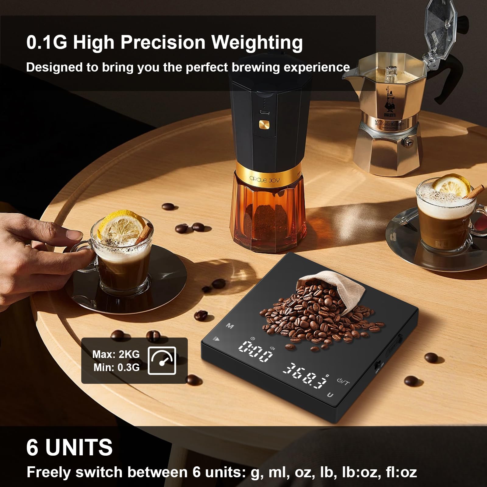 Mini báscula de café recargable, báscula de café con temporizador, escala precisa de 4.4 lbs/0.00 oz, temporizador automático/manual, mini báscula de cocina digital portátil para café por 4
