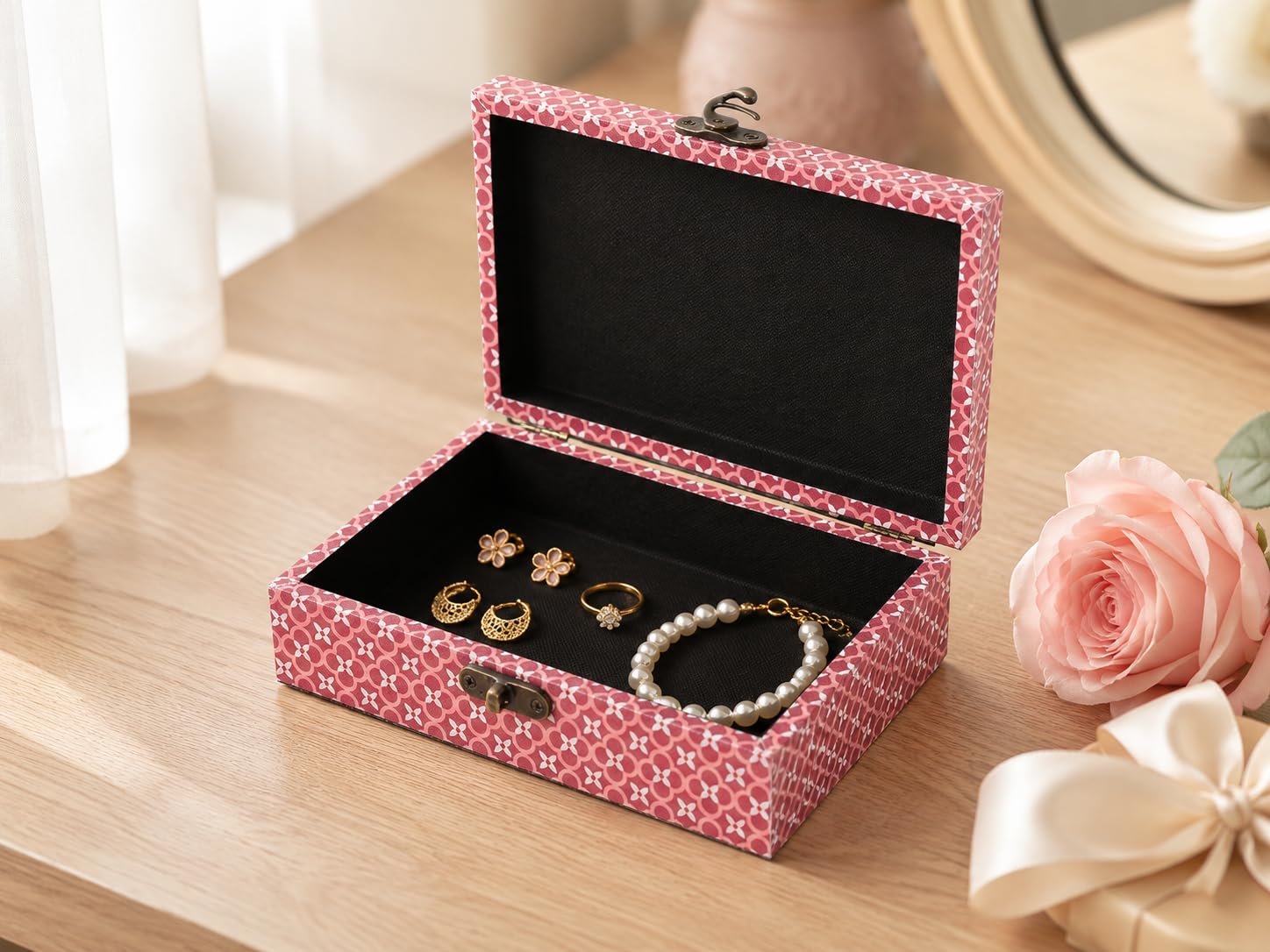 Chumbak Jewelry & Accessories Storage Box for Women | Engineered Wood Organiser with Lock | Pink Scenic Route Print | Gift for Her 1