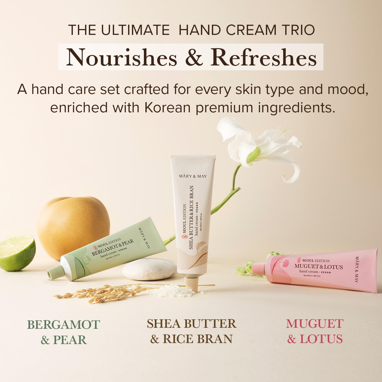 Mary&May SEOUL EDITION Shea Butter & Rice Bran Hand Cream Trio Set - Image 3