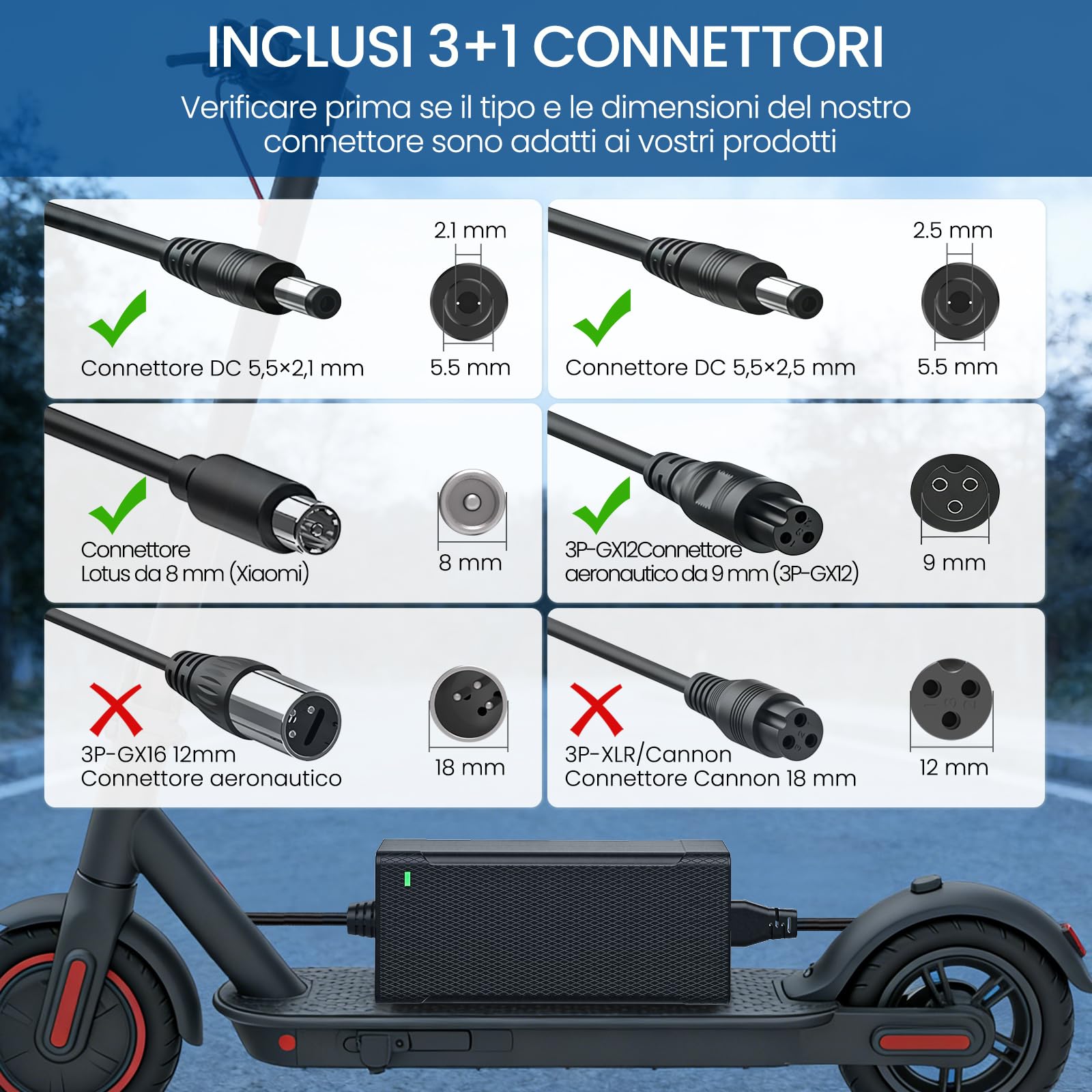 Caricabatterie per Monopattino Elettrico, 42V 2A Caricabatterie Hoverboard 36V Monopattino Batteria con 4 Connettori per Hoverboard, Scooter Elettrico, Tavola da Drift, per X-iaomi, S-egway