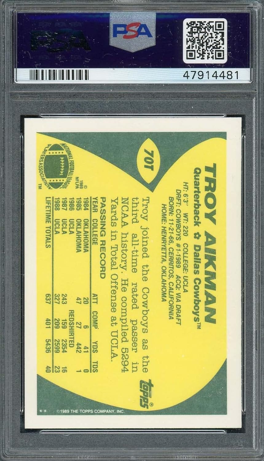 Troy Aikman 1989 Topps Traded Football Rookie Card RC #70T Graded PSA 10