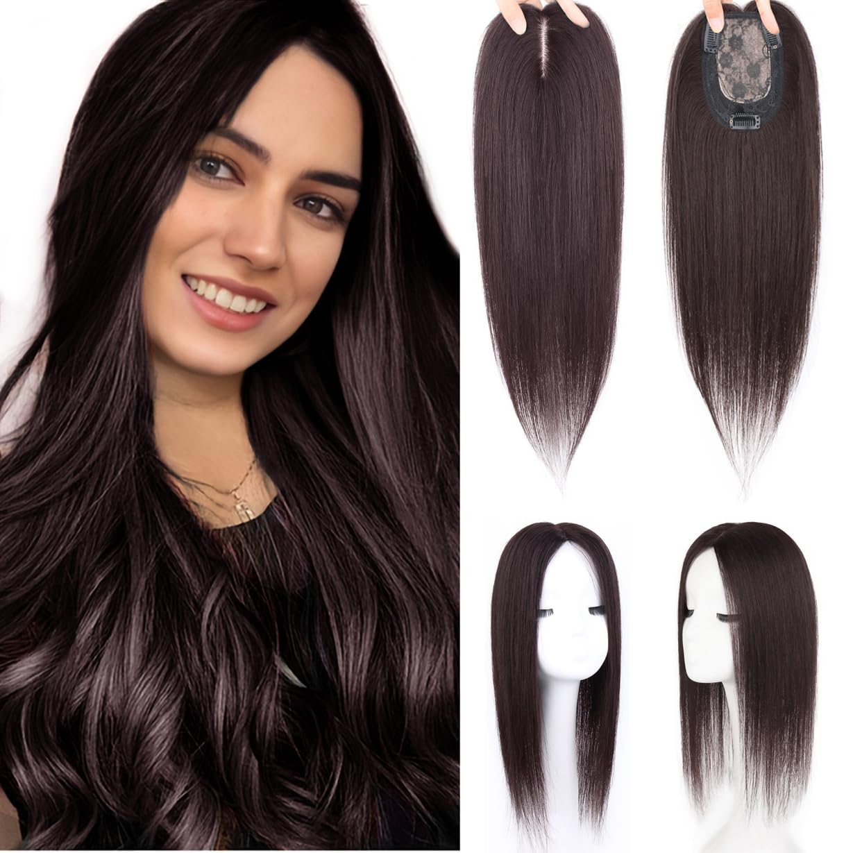 ICRAB 18" Silk Base Hair Topper for Women Real Human Hair Middle Part,Clip in Silky Top Human Hair Piece Wiglet Hairpiece for Thinning Hair Add Hair Volume Add Hair Volume Dark Brown