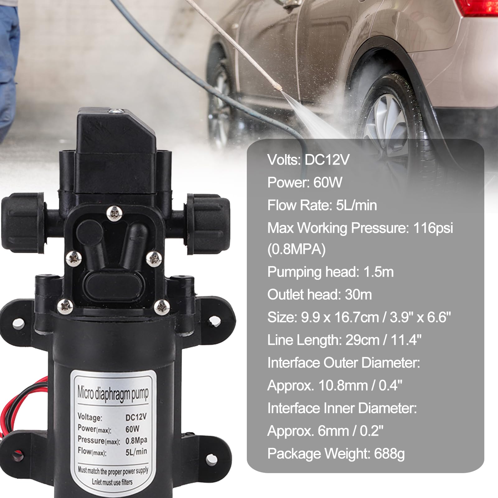 DEWIN Pumpe Selbstansaugend 12V,60W Wasserpumpe Hochdruck 5l/min 116 Psi Selbstansaugend Für Autowaschanlagen, Wohnhaus, Reinigung, Gartenbewässerung oder Sprühen