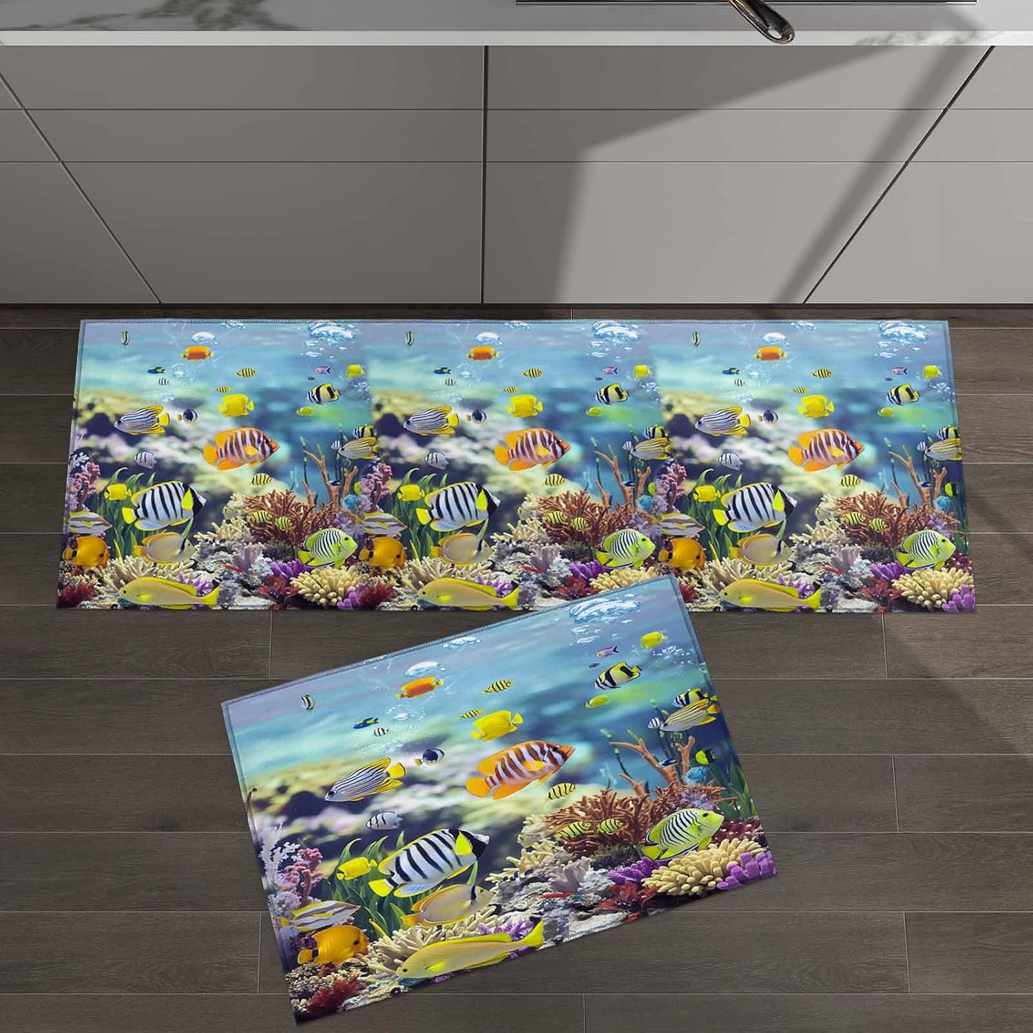 2 Pieces Kitchen Rugs and Mats,Underwater World Tropical Fish Coral Area Runner Rug Set Non Slip Floor Doormat Washable Carpet Standing Mat for Kitchen Sink Indoor Corridor,Ocean Marine Colorful Life