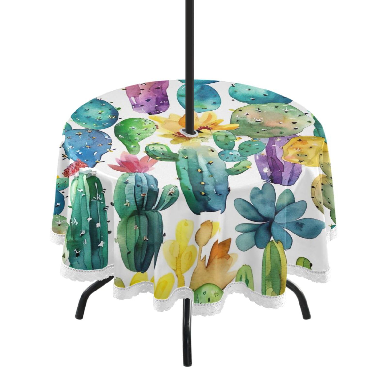 Wajiw 60 Inch Indoor Outdoor Round Tablecloth with Umbrella Hole and Zipper Waterproof Patio Table Cover for Camping Dining Room Party Outdoor Picnic,Cactus