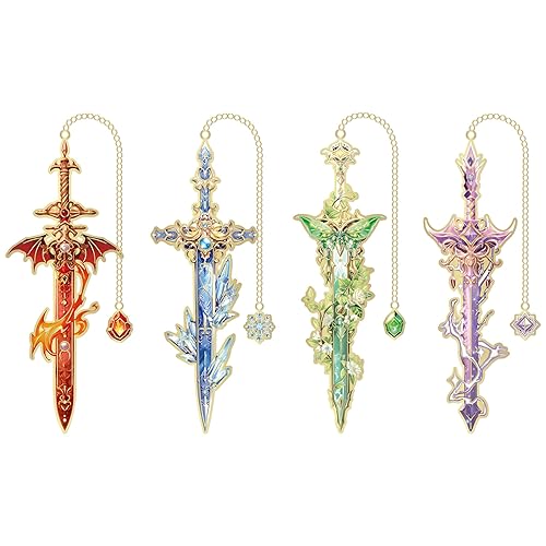 4pcs Fantasy Sword Bookmarks for Books, Journals, Planners - Cool Metal Book Markers for Reading Women & Men, Unique Book Marks Gifts for Book Lovers, Reading Accessories for Students & Adults & Kids - Sword