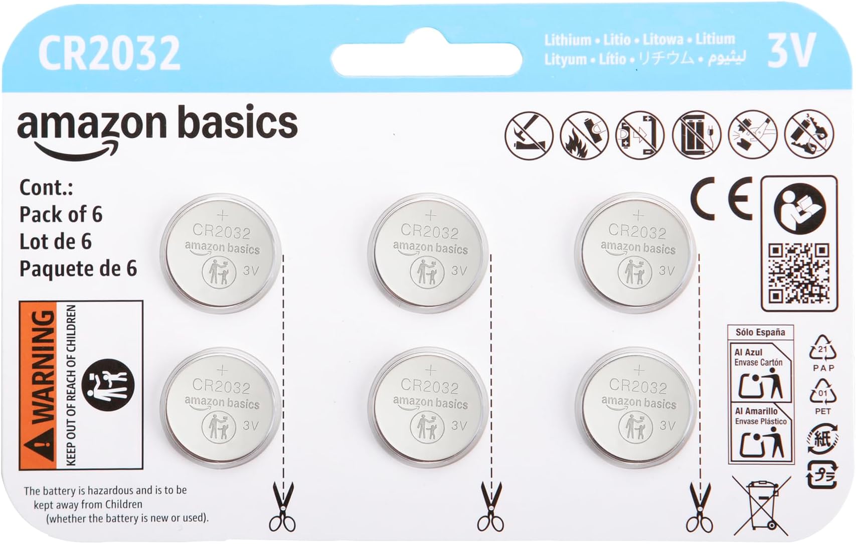 Amazon Basics 6-Pack CR2032 Lithium Coin Cell Battery, 3 Volt, Long Lasting Power, Mercury-Free
