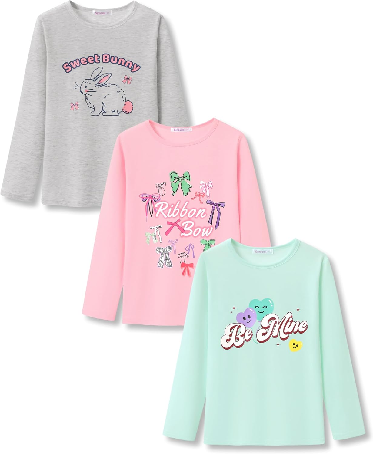 Girls Long Sleeve T-Shirt 3 Packs- Soft Tops Star Dog/Heart Shaped Balloons/Bunny Graphic Tee Size 6-14