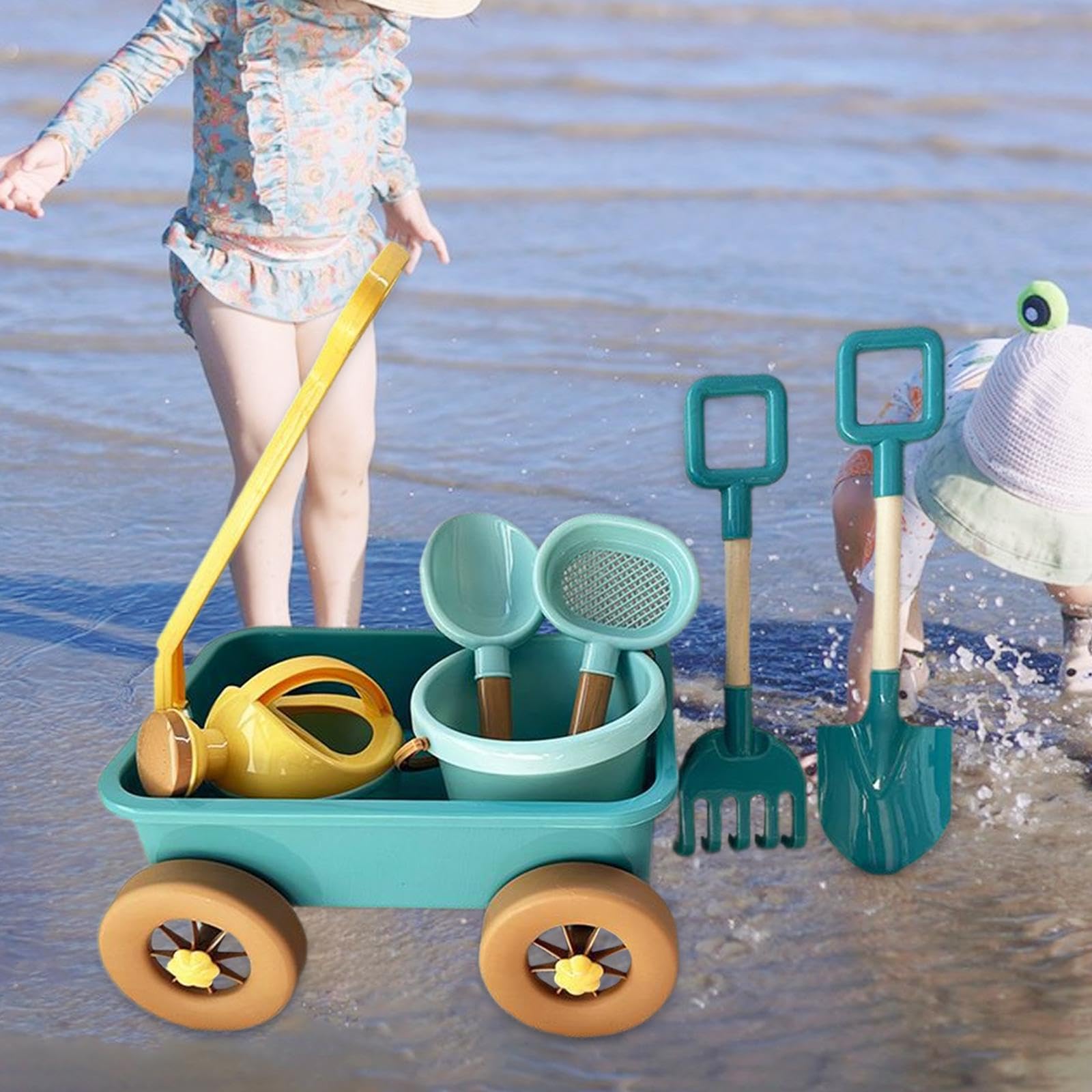 Spielzeug Eisenbahn Set für Draußen, Spielzeugwagen mit Werkzeug, Sandspielzeug, Handspielzeug, Strandspielzeug, Blau