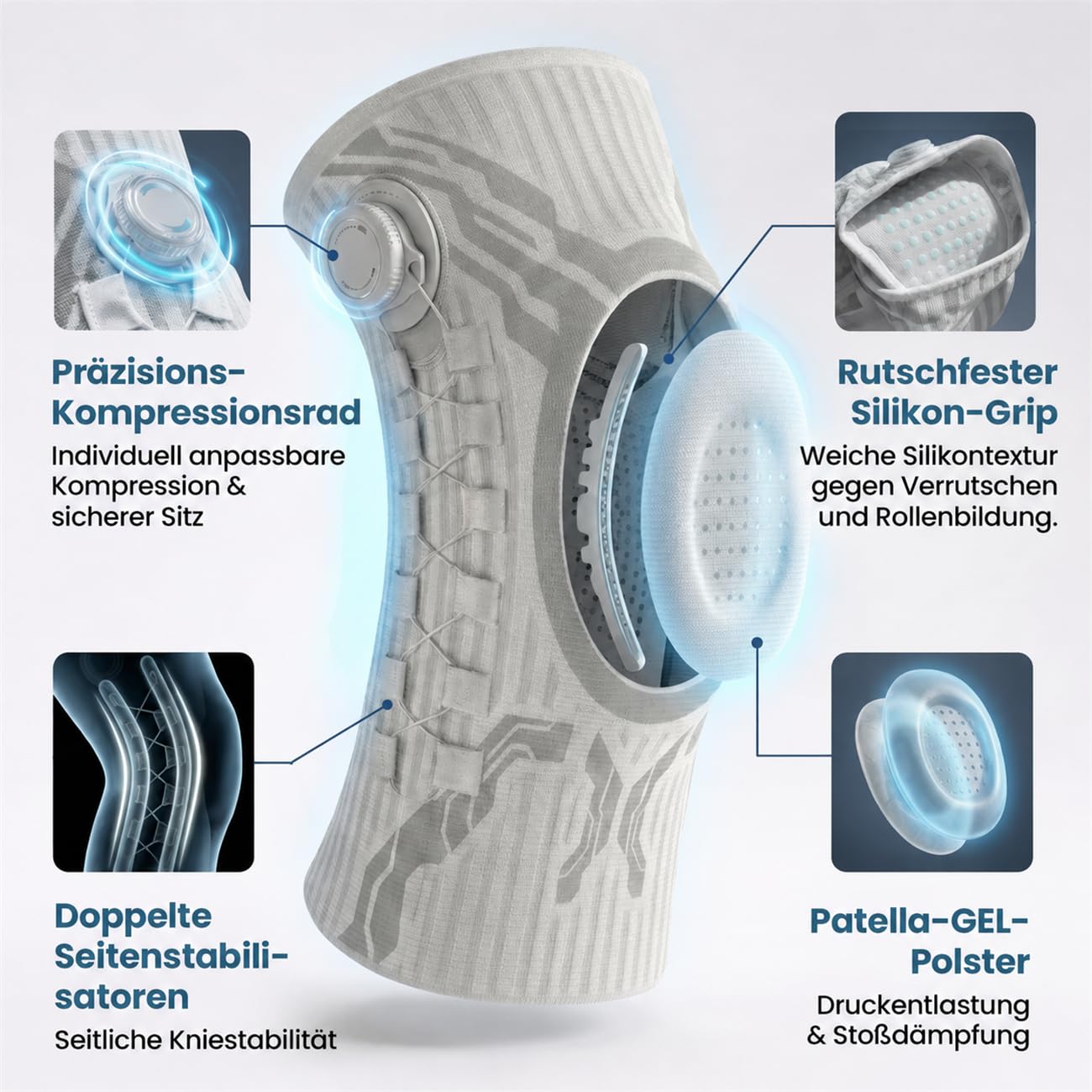 Verstellbare Kniebandage für Damen & Herren – Kompressionsstütze mit seitlichen Stabilisatoren & Patella-Gel-Pad, Atmungsaktive Knieorthese für Sport, Meniskus, Arthritis & Gelenkschmerzen