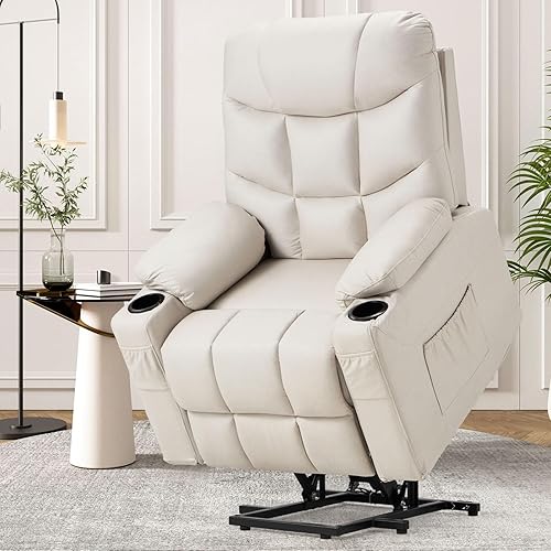 Esright Power Lift Recliner for Elderly, Electric Lift Chair with Heated Vibration Massage,Heavy Duty Electric Recliner with Side Pockets, USB Charge Port & Cup Holders, Cream Beige