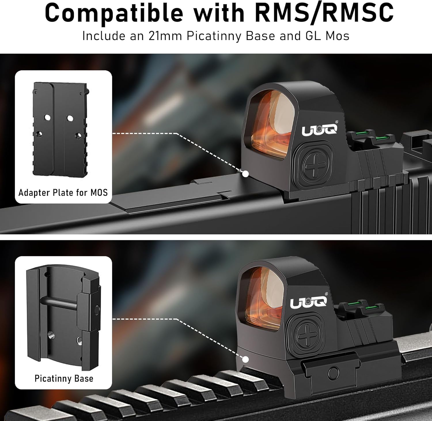 UUQ Mini Reflex RMS/RMSc Red Dot Sight with Fiber Optics,2MOA,10 Brightness Adjustments Motion Awake Red Dot Scope for Rifles, Pistols and Shotguns,Suitable for RMSc and 20mm Picatinny Rail