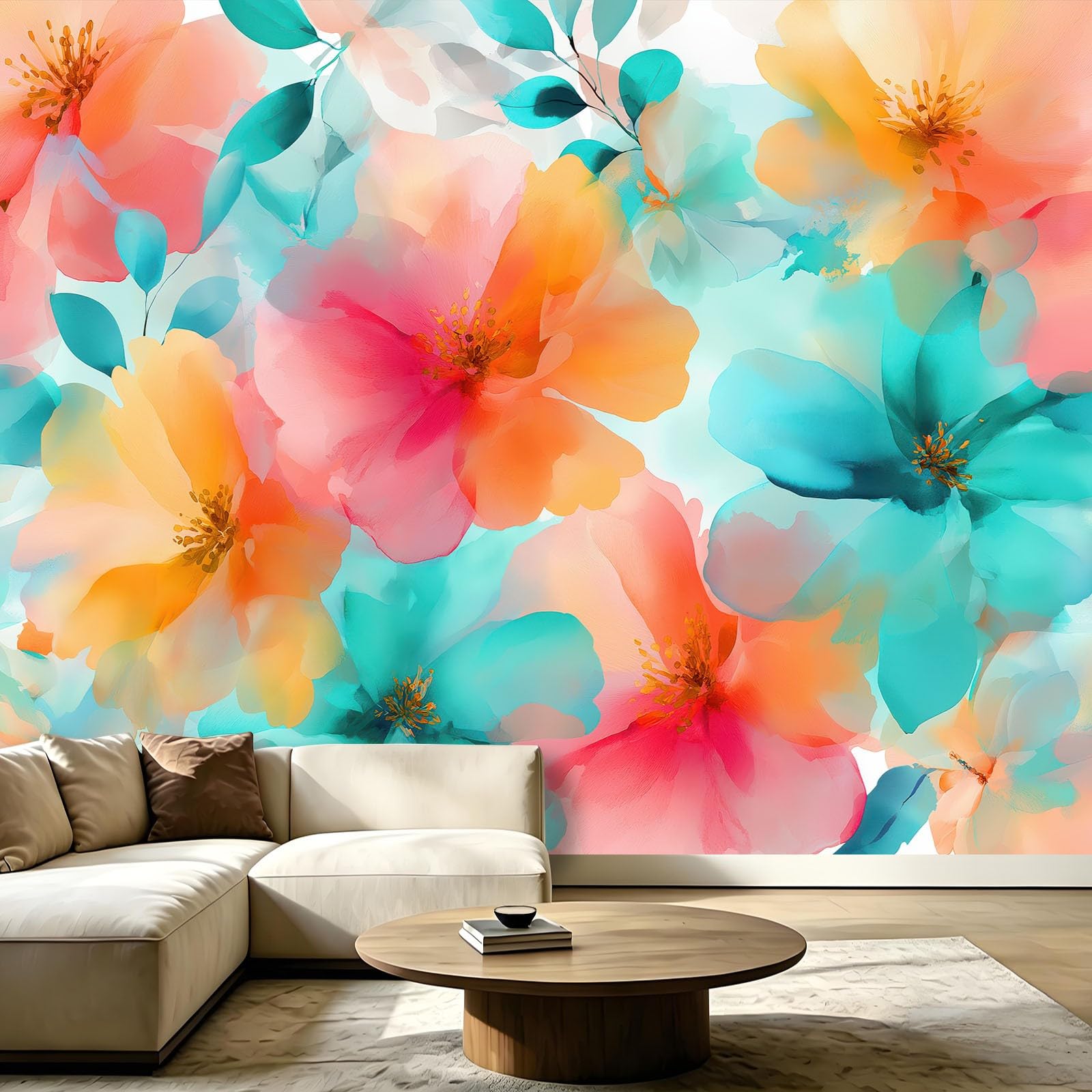 Papier peint panoramique fleurs aquarelle pour salle de maquillage