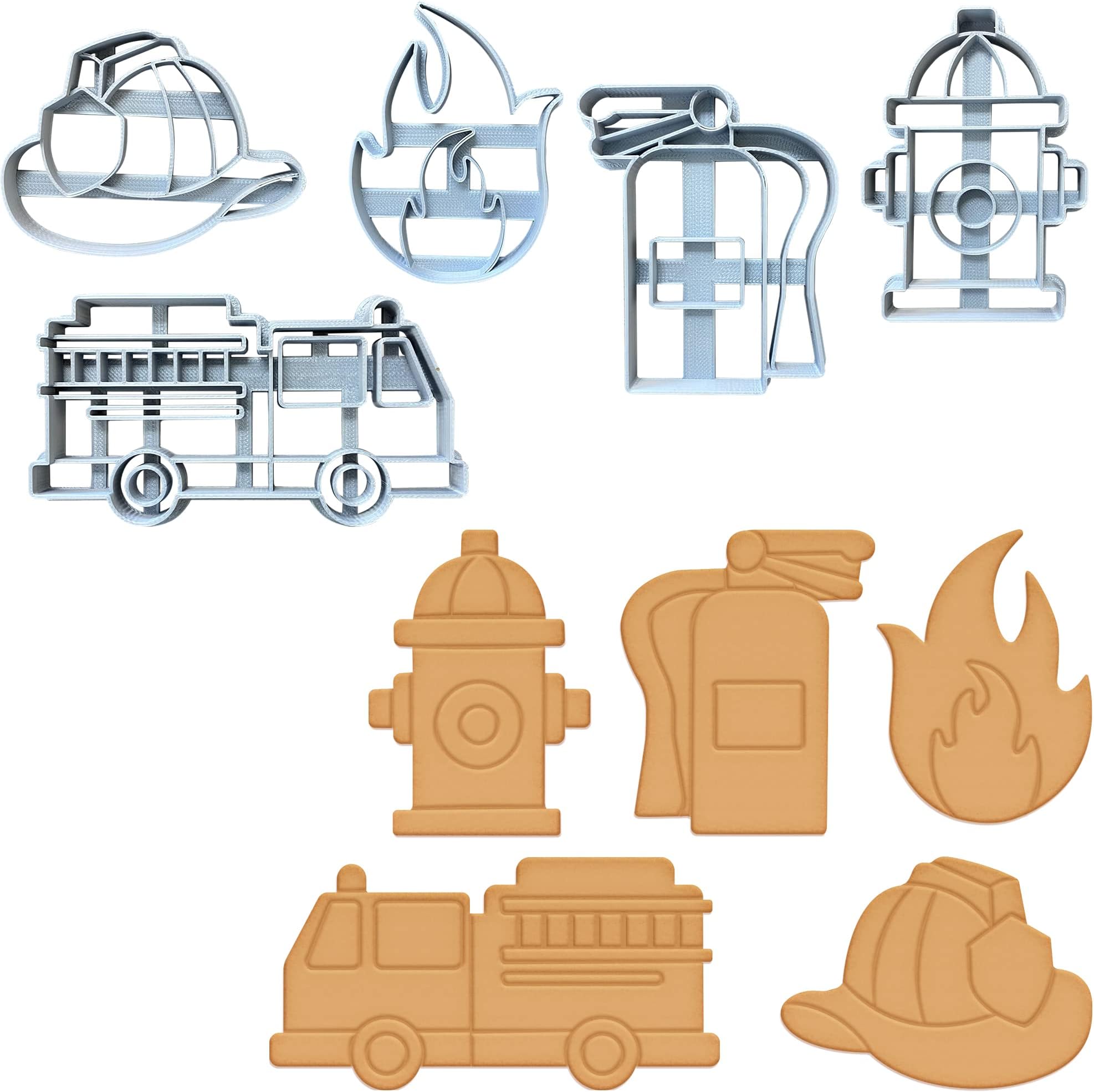 Moose Goods Firefighter Cookie Cutters for Baking - Set of 5 Cookie Cutters with Stamp - Includes Fire Truck Cookie Cutter, Fire Helmet, Fire Extinguisher, Fire Hydrant, & Flame Cookie Cutter - Silver
