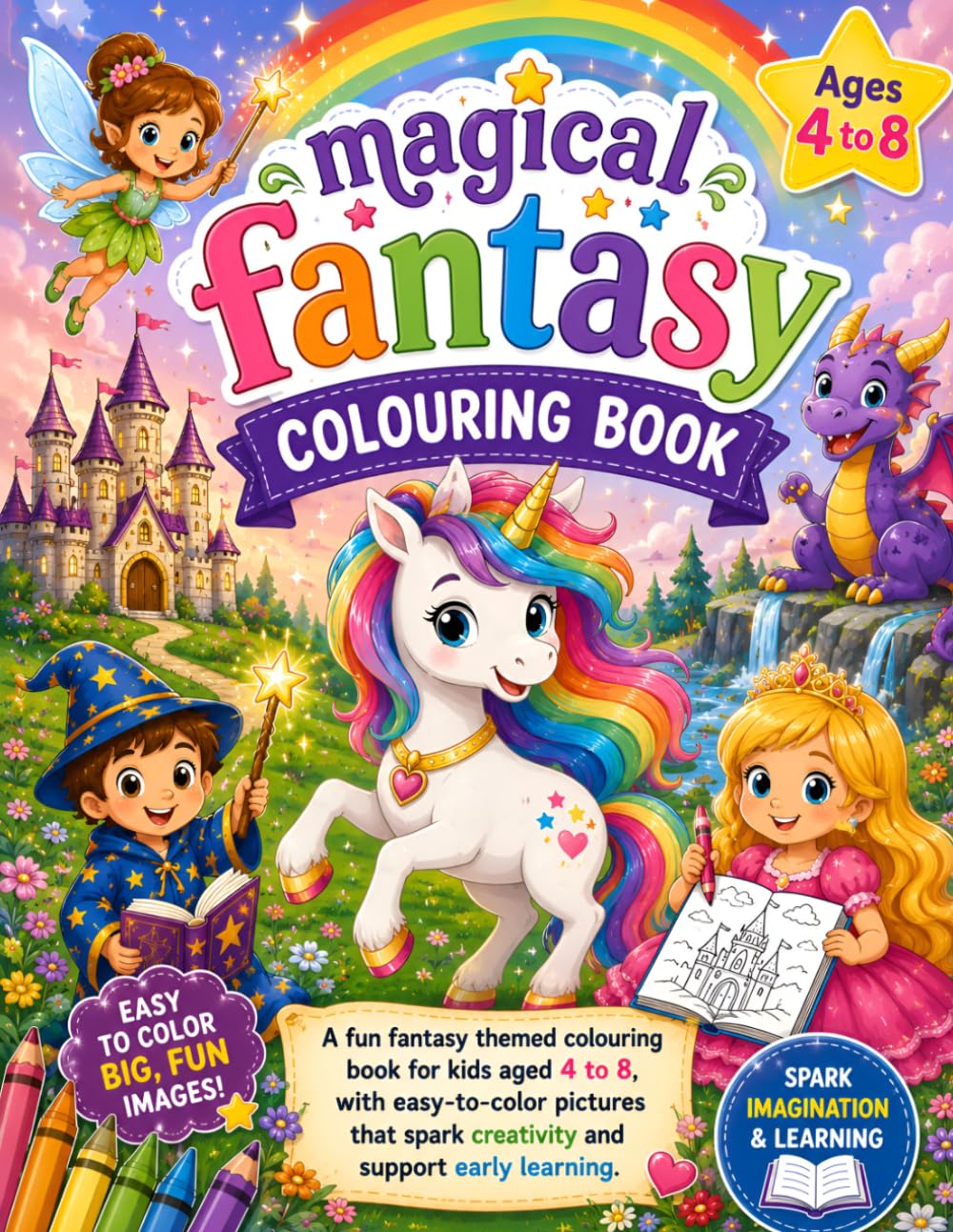 Magical Fantasy Coloring Book: Fun and Easy Coloring Pages Featuring Unicorns, Fairies, Dragons, Castles, Mermaids, Rainbows, and Enchanting Fantasy Adventures for Boys and Girls