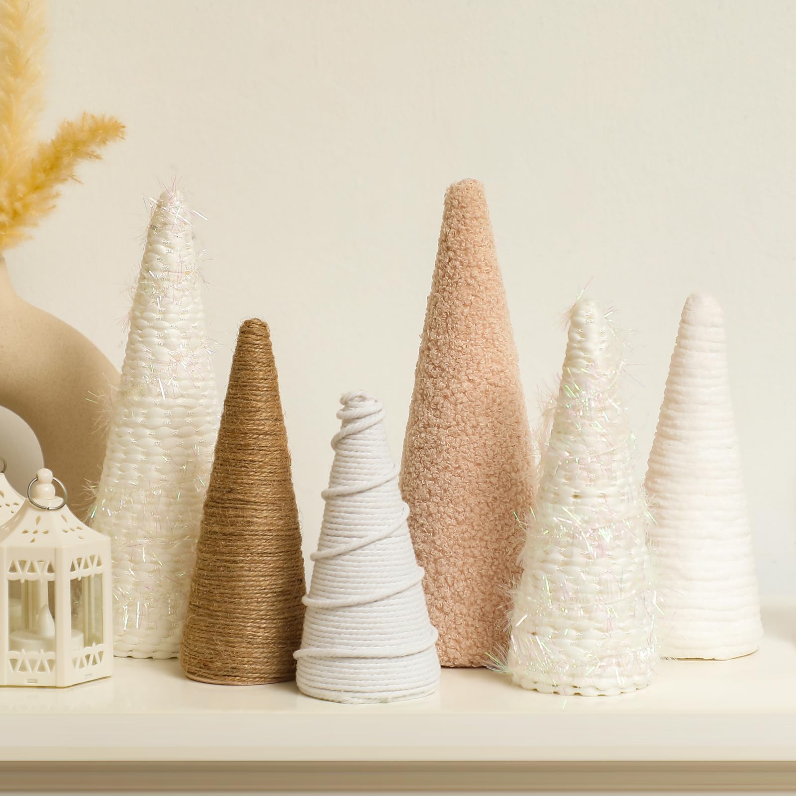 6 árboles de hilo de Navidad de 8 pulgadas, 7 pulgadas, 5 pulgadas, decoración de mesa de Navidad, árbol decorativo de Navidad bohemio para centro de mesa o decoración de repisa