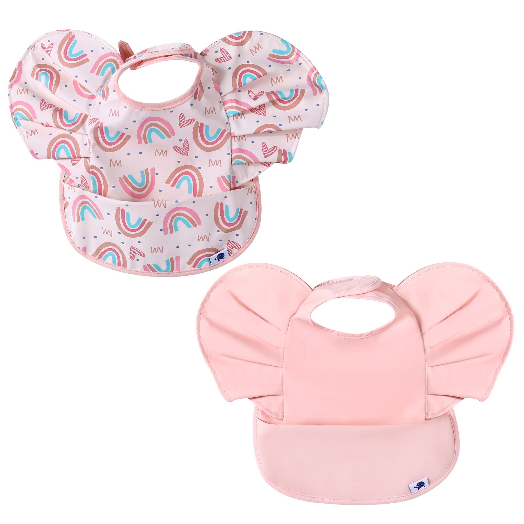 SYVOFOX 2 Pack Baby Weaning Bibs, Soft Waterproof Baby Feeding Bib with Food Catcher Pocket, Wipe Clean Toddler Apron Smock for Girls 6-24 Months (Pink Rainbow)